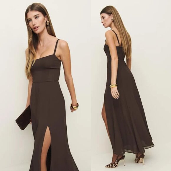 NWT Reformation Eridania Maxi Dress In Mole Brown Sz 4 Thigh High Side Slit - Picture 2 of 10